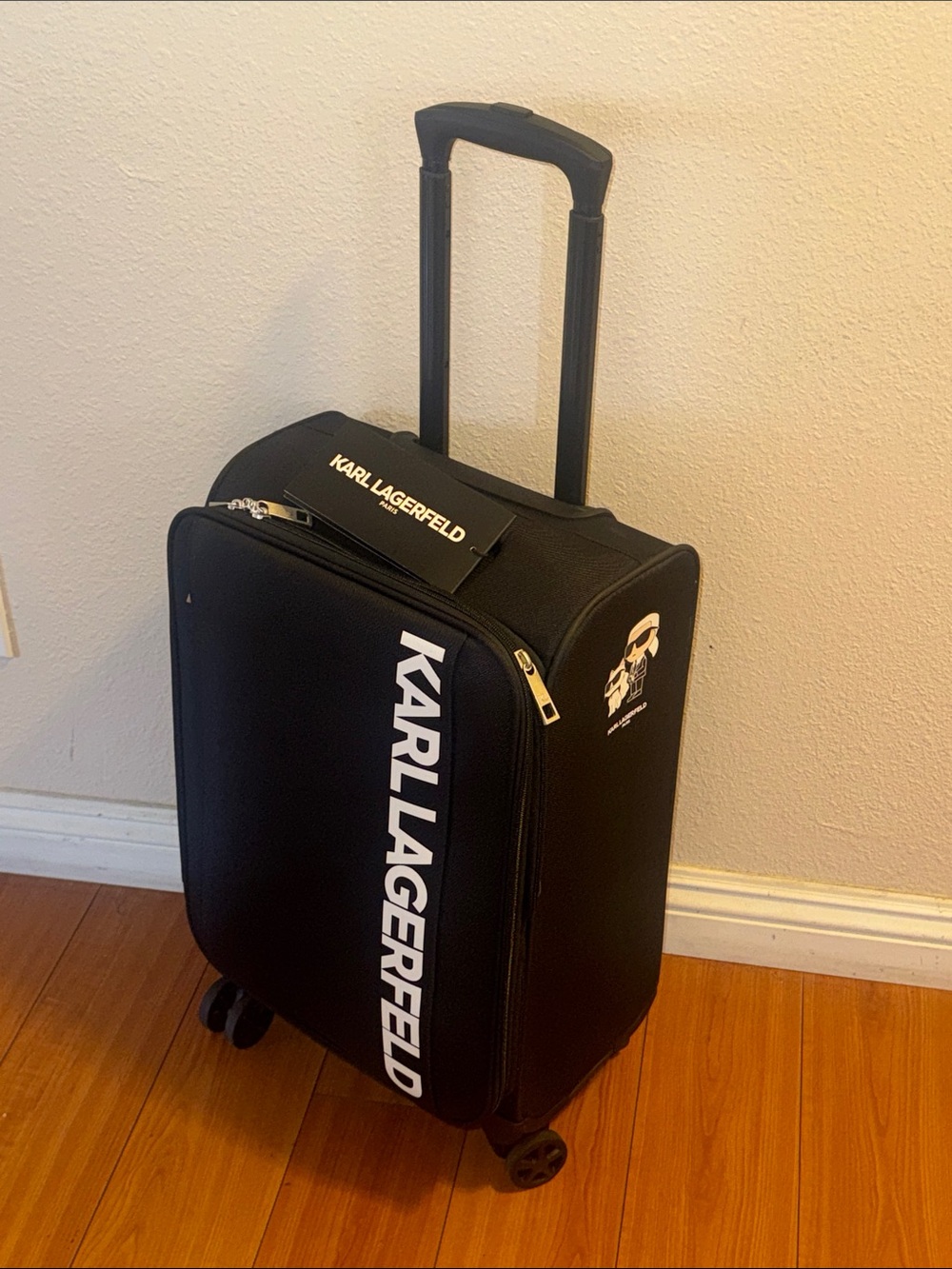 Karl Lagerfeld Black Carry-On Spinner with White Logo